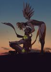  1girl bent_over blonde_hair closed_eyes couple cyborg face-to-face from_side full_body genji_(overwatch) hand_on_another's_shoulder hand_on_own_knee hetero highres indian_style knees_up leaning_back mechanical_halo mechanical_wings mercy_(overwatch) neon_trim on_ground outdoors overwatch pelvic_curtain power_armor power_suit profile sae_(revirth) scarf short_ponytail sitting standing sunset wings 