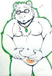  2018 anthro bear belly brandonthehusky clothing eyewear glasses hat humanoid_hands male mammal moobs navel nipples overweight overweight_male simple_background solo straw_hat tokyo_afterschool_summoners underwear volos 