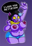  2018 anthro areola big_breasts breasts cat catty_(undertale) clothed clothing dialogue english_text fangs feline female flashing hair mammal mattythemouse multicolored_hair nipples open_mouth overweight overweight_female simple_background solo speech_bubble text undertale video_games 