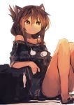  absurdres animal_ears arm_support bangs bare_shoulders black_shirt brown_eyes brown_hair cat_ears commentary_request folded_ponytail hair_between_eyes highres inazuma_(kantai_collection) kaamin_(mariarose753) kantai_collection kemonomimi_mode legs no_pants off_shoulder pom_pom_(clothes) sepia shirt sidelocks simple_background sitting smile solo white_background 