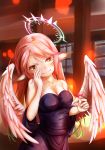  alcohol angel_wings bare_shoulders breasts cleavage closed_mouth cross cup dress drinking_glass feathered_wings gradient_hair halo highres jewelry jibril_(no_game_no_life) long_hair low_wings magic_circle medium_breasts multicolored multicolored_hair necklace no_game_no_life pink_hair smile solo symbol-shaped_pupils tattoo tawawa_(kakeibo7ykwety) very_long_hair white_wings wing_ears wings yellow_eyes 