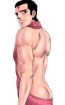  abe_takakazu arms_at_sides ass back backless_outfit bare_shoulders black_hair kuso_miso_technique looking_at_viewer male_focus meme_attire muscle parted_lips pink_sweater ribbed_sweater solo standing sweater virgin_killer_sweater yuubi 