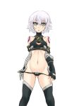  1girl bandage bandaged_arm bandages bare_shoulders black_gloves black_panties boots breasts elbow_gloves eyebrows_visible_through_hair facial_scar fate/grand_order fate_(series) fingerless_gloves gloves green_eyes jack_the_ripper_(fate/apocrypha) looking_at_viewer lowleg lowleg_panties navel panties parted_lips scar scar_across_eye scar_on_cheek short_hair silver_hair simple_background single_glove small_breasts solo standing thigh_boots thighhighs thighs underwear white_background 