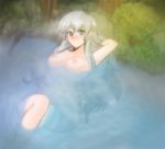  1girl areolae arm_behind_head bare_arms bare_legs bare_midriff bare_shoulders blush breasts diadora_(fire_emblem) female fire_emblem fire_emblem:_seisen_no_keifu forest happy headband hips in_water knees large_breasts laying laying_down legs legs_crossed legs_together long_hair looking_at_viewer lying midriff nature navel nintendo nipples nude on_back pond pool purple_eyes relaxed relaxing resting silver_hair sitting smile solo tridisart underwater water wide_hips 