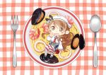  :d brown_eyes brown_hair checkered checkered_background chibi clam commentary_request curly_hair food fork headgear hinata_yuu kantai_collection littorio_(kantai_collection) long_hair looking_at_viewer minigirl necktie open_mouth pasta plate pleated_skirt prawn skirt smile solo spoon striped striped_legwear thighhighs 