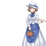  bag blue_eyes blue_neckwear bow brown_hair dress envelope handbag hat hat_bow letter looking_at_viewer makaria official_art princess_principal princess_principal_game_of_mission short_hair smile standing white_dress white_hat 