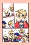  ahoge artoria_pendragon_(all) artoria_pendragon_(lancer) artoria_pendragon_(swimsuit_archer) artoria_pendragon_(swimsuit_rider_alter) baseball_cap blonde_hair blue_hat border braid cape chibi cleavage_cutout comic crown fate/grand_order fate_(series) flying_sweatdrops french_braid gold_trim golden_kamuy green_eyes hat jacket meme multiple_girls multiple_persona mysterious_heroine_x mysterious_heroine_x_(alter) nabenko pink_border ponytail rakko-nabe red_cape saber saber_alter saber_lily silent_comic swimsuit 