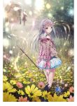  atelier_(series) atelier_lulua bangs bare_shoulders blunt_bangs boots elmerulia_fryxell field flower flower_field green_eyes grey_hair hairband highres jacket key_visual kishida_mel long_hair long_sleeves looking_at_viewer looking_back miniskirt multiple_girls official_art rororina_fryxell skirt staff wagon white_skirt 