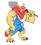  anthro beard bulge canine claws clothing facial_hair frown fur groundskeeper_willie hair komoroshi_(artist) male mammal muscular overalls pecs red_hair shovel solo teeth the_simpsons unibrow were werewolf wolf yellow_fur 