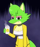  2018 3_fingers anisava anthro beverage black_eyes breasts canine clothed clothing coffee dr._chaos fangs female fox fur green_fur holding_(disambiguation) looking_at_viewer mammal rosa_(anisava) simple_background solo upset 