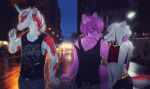  2018 5_fingers anthro arctic_fox belt black_claws black_clothing black_nose black_shirt black_topwear boop canine cigarette city claws clothed clothing collar crop_top detailed_background digital_media_(artwork) dog equine eyes_closed faeseiren fox fully_clothed fur girly grey_bottomwear grey_clothing grey_pants group hair horn hug humanoid_hands long_hair male male/male mammal mane midriff multicolored_fur multicolored_mane multicolored_tail night nose_boop outside pants pink_fur pink_tail purple_hair red_fur red_mane red_tail romantic_couple shirt short_hair smile tank_top two_tone_fur two_tone_mane two_tone_tail unicorn white_fur white_hair white_mane white_tail 