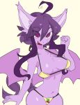  5_fingers anthro bat_pony bikini breasts cherry clothing ear_tuft fangs female food fruit fur hair long_hair membranous_wings midriff open_mouth paperclip_(artist) purple_eyes purple_fur purple_hair simple_background solo swimsuit tuft white_background wide_hips wings yellow_swimwear 