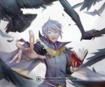  5_fingers ambiguous_gender avian beady_eyes beak bird black_feathers book clothing corvid crow digital_media_(artwork) eyes_closed feathers feral fire_emblem flying group hair henry_(fire_emblem) holding_book holding_object human human_focus magic_book male mammal motion_blur nintendo open_mouth patreon reddverse ring simple_background smile teeth tongue video_games white_background white_hair 