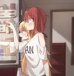  alternate_hairstyle blonde_hair blush can clothes_writing commentary_request eyebrows_visible_through_hair from_side gabriel_dropout hair_ornament hairclip highres holding holding_can indoors kurumizawa_satanichia_mcdowell long_hair low_twintails multiple_girls open_mouth orange_hair piyomi purple_eyes refrigerator shirt short_sleeves shoulder_cutout sweatdrop tenma_gabriel_white twintails v-shaped_eyebrows very_long_hair white_shirt 