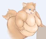  2018 anthro belly big_belly blush canine chubby_cheeks claws cute_fangs digital_media_(artwork) embarrassed fur half-closed_eyes hand_on_stomach looking_at_viewer male mammal moobs navel obese obese_male open_mouth overweight overweight_male simple_background solo squish thick_thighs white_background ガブ 