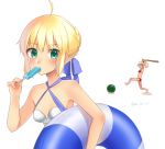  ahoge arms_up artoria_pendragon_(all) bangs bare_arms bare_shoulders baseball_bat bikini blindfold blonde_hair blue_bikini bow braid breasts carrying_under_arm eyebrows_visible_through_hair fate/grand_order fate_(series) fingernails food fruit green_eyes hair_between_eyes hair_bow hair_bun hand_up holding holding_baseball_bat holding_food innertube koruri looking_at_viewer mordred_(fate)_(all) mordred_(swimsuit_rider)_(fate) multiple_girls popsicle red_bikini saber sidelocks small_breasts standing standing_on_one_leg swimsuit twitter_username watermelon white_background white_bikini 