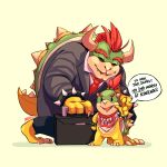  2boys arm_up artist_name bandanna barefoot black_eyes black_jacket black_pants bowser bowser_jr. bracelet briefcase business_suit claws doug_bowser english_text eyes_closed fang father_and_son formal hand_on_hip happy highres holding horns jacket jewelry long_sleeves looking_at_viewer male_focus mario_(series) mornincoffeerun multiple_boys necktie nintendo no_humans one_knee open_mouth outstretched_arm pants pointing pointing_at_viewer red_hair red_neckwear sharp_teeth shirt signature simple_background smile speech_bubble spiked_bracelet spikes standing suit tail talking teeth text_focus topknot white_shirt yellow_background 