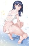  ass back bangs barefoot black_bra black_hair blue_eyes bra breasts butt_crack commentary_request feet highres hips kneeling legs long_hair looking_at_viewer looking_back miazi parted_lips see-through shirt short_sleeves small_breasts solo ssss.gridman swept_bangs takarada_rikka thighs underwear water wet wet_clothes wet_shirt white_background white_bikini_bottom white_shirt 