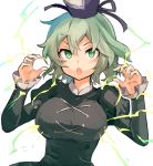  :o artist_name bangs black_dress breasts claw_pose commentary_request cross-laced_clothes dated dress electricity frilled_sleeves frills green_eyes green_hair hands_up hat juliet_sleeves large_breasts long_sleeves looking_at_viewer open_mouth puffy_sleeves short_hair simple_background soga_no_tojiko solo tate_eboshi tori_(10ri) touhou upper_body v-shaped_eyebrows white_background 