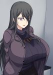  absurdres bangs black_hair breasts commentary_request eyebrows_visible_through_hair eyes_visible_through_hair hair_over_breasts highres huge_breasts jacket long_hair open_clothes open_jacket open_mouth original purple_eyes solo standing sweatdrop sweater turtleneck turtleneck_sweater zasshu_nigou 