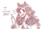  anger_vein angry animal_ears body_hair brooch brown_eyes brown_hair commentary english fingernails imaizumi_kagerou jewelry long_hair middle_finger orz_(kagewaka) profanity round_teeth solo teeth touhou very_long_hair wavy_hair wolf_ears 