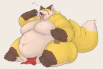  2018 ambiguous_gender anthro belly big_belly big_tail blush canine chubby_cheeks claws clothed clothing digital_media_(artwork) double_chin eating eyes_closed fox fur mammal morbidly_obese obese open_mouth overweight simple_background sitting smile solo thick_thighs toe_claws tongue tongue_out topless white_background yellow_fur ガブ 