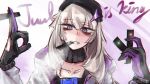  aa-12_(girls_frontline) bags_under_eyes bangs blue_eyes blush choker closed_mouth girls_frontline gloves hair_ornament hat heart heart-shaped_pupils looking_at_viewer rkzrok silver_hair smile smoking solo star star_hair_ornament symbol-shaped_pupils 