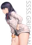  black_hair blush breasts commentary_request cowboy_shot earphones from_side half-closed_eyes hand_in_pocket hand_on_thigh leaning_forward long_hair long_sleeves looking_at_viewer miniskirt neon.p pleated_skirt red_neckwear simple_background skirt solo ssss.gridman takarada_rikka text_focus thighs white_background 