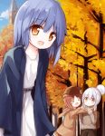  &gt;_&lt; :d autumn autumn_leaves backpack bag bangs belt black_belt blue_hair blue_jacket blue_sky blush brown_eyes brown_hair brown_jacket brown_pants brown_skirt brown_sweater cloud collarbone day dress eyebrows_visible_through_hair hair_between_eyes hair_bun hood hood_down hooded_jacket jacket long_sleeves multiple_girls open_clothes open_jacket open_mouth original outdoors pants parted_lips pleated_skirt silver_hair skirt sky sleeves_past_wrists smile standing sweater tower tree white_dress xd yuuhagi_(amaretto-no-natsu) 