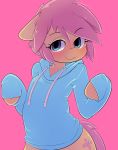  :3 anthro blush bottomless butterscotch_(hoodie) clothed clothing equine eyebrows eyelashes fan_character feral fur girly hair hoodie hoodie_(artist) horse looking_at_viewer mammal my_little_pony pink_background pink_hair pink_tail pony simple_background solo sweater yellow_fur 