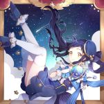  album_cover beret black_hair blue_bow blue_footwear blue_hat blue_ribbon blue_skirt blush bow brown_eyes commentary_request cover forehead gloves hand_up hat high_heels highres holding holding_staff legs_up long_hair looking_at_viewer magical_girl night night_sky orb original parted_lips purple_bow purple_ribbon purple_shirt ribbon risui_(suzu_rks) see-through shirt shoes side_ponytail skirt sky smile solo staff star star_(sky) starry_sky striped striped_bow striped_ribbon striped_shirt thighhighs tilted_headwear vertical-striped_shirt vertical_stripes very_long_hair white_gloves white_legwear 