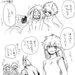  4girls all_might alternate_hairstyle ashido_mina black_sclera blush boku_no_hero_academia comic embarrassed hagakure_tooru hair_down hk_(nt) horns invisible kendou_itsuka long_hair midoriya_izuku monochrome multiple_boys multiple_girls short_hair sketch speech_bubble sweatdrop translation_request uraraka_ochako 