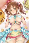  areola_slip areolae bangs bare_shoulders blush bow breasts breasts_outside brown_eyes brown_hair commentary_request cookie covered_nipples detached_collar food gloves hair_bow hair_ornament hands_on_own_chest highres hips idolmaster idolmaster_cinderella_girls idolmaster_cinderella_girls_starlight_stage jack-o'-lantern kazu large_breasts long_hair looking_at_viewer lying on_back panties panty_pull pink_skirt sash sidelocks skirt smile solo thighs tongue tongue_out top_pull totoki_airi twintails two-tone_skirt underwear undressing white_panties yellow_skirt 