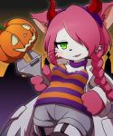  1girl cat cat_busters furry green_eyes hair_over_one_eye halloween halloween_costume long_hair pink_hair solo 