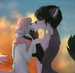  2017 5_fingers anthro black_hair black_nose canine collar digital_media_(artwork) duo hair kissing male mammal rayley 