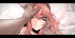  animal_ears bad_id bad_twitter_id bags_under_eyes bed blush cat_ears eyebrows_visible_through_hair girls_frontline hair_between_eyes hand_on_another's_head hands highres long_hair looking_at_viewer messy_hair one_eye_closed out_of_frame persica_(girls_frontline) petting pink_hair red_eyes rkzrok solo_focus 