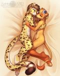  2017 abluedeer anthro breasts cheetah duo feline female fur lion lying male male/female mammal nude on_side romantic_couple smile spots spotted_fur 