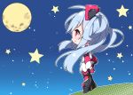  ahoge armored_boots bangs black_footwear blue_hair blush boots chibi closed_mouth commentary dress eyebrows_visible_through_hair from_side full_moon hair_between_eyes hair_ornament hair_rings knee_boots long_hair long_sleeves looking_away matoi_(pso2) milkpanda moon night night_sky outdoors pantyhose phantasy_star phantasy_star_online_2 profile red_eyes red_legwear sky sleeves_past_wrists smile solo star twintails very_long_hair white_dress wide_sleeves 