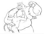  2018 5_fingers anthro balls bear belly biceps big_belly big_pecs biped black_and_white black_bear digital_media_(artwork) duo eyebrows flexing fur hand_on_butt larger_male male male/male mammal megawaffle_(artist) monochrome moobs muscular muscular_male nipples nude overweight overweight_male pec_grab pecs rat rodent signature simple_background size_difference smaller_male smile standing stubble thick_eyebrows tongue white_background 