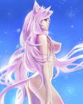  animal_ears ass black_hanekawa blue_background breasts cat_ears cat_girl cat_tail commentary hanekawa_tsubasa large_breasts long_hair monogatari_(series) nipples nude open_mouth solo standing tail taiss14 very_long_hair white_hair yellow_eyes 