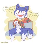  2018 animal_crossing anthro artist_name balls bottomless bucky-buck cat clothed clothing cum digital_media_(artwork) english_text erection feline fur hand_on_face humanoid_penis looking_at_viewer male mammal nintendo open_mouth penis purple_fur rover_(animal_crossing) signature simple_background smile solo tan_background text video_games 