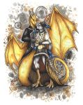  2018 anthro avian barefoot bird clothed clothing digital_media_(artwork) dragon duo female horn male membranous_wings natoli romantic_couple smile standing steampunk talons wings 