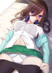  1girl bangs bed_sheet black_legwear blue_eyes blue_jacket blush bow bow_panties breasts brown_hair closed_mouth commentary_request dress_shirt eyebrows_visible_through_hair go-toubun_no_hanayome green_skirt hair_between_eyes headphones headphones_around_neck highres jacket long_hair long_sleeves lying medium_breasts mizuki_ryuu nakano_miku navel nose_blush off_shoulder on_back panties pantyhose pantyhose_pull pleated_skirt shirt simple_background skirt smile solo underwear white_background white_panties white_shirt 