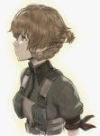  amane_suzuha arm_ribbon bangs black_ribbon braid brown_hair bulletproof_vest closed_mouth commentary_request eyebrows_visible_through_hair from_side green_eyes grey_background hair_between_eyes looking_away menomorute profile ribbon short_hair short_ponytail short_sleeves solo steins;gate steins;gate_0 upper_body v-shaped_eyebrows 