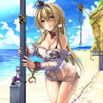  bdsm beach bikini black_bikini blonde_hair blue_eyes blue_sky blush bondage bound bound_wrists braid breasts closed_mouth collar commentary_request crown cuffs day dress eyebrows_visible_through_hair french_braid hair_between_eyes handcuffs highres jewelry kantai_collection long_hair long_sleeves looking_at_viewer mini_crown monikano necklace ocean off-shoulder_dress off_shoulder sand see-through side-tie_bikini sky solo swimsuit thighs warspite_(kantai_collection) wet wet_clothes 