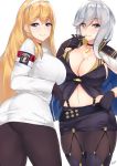  armband ass azur_lane bangs belt black_choker black_gloves black_legwear black_skirt black_vest blonde_hair blue_cape blue_eyes boots breasts cape choker cleavage closed_mouth clothes_writing commentary_request cross cross_necklace eyebrows_visible_through_hair eyes_visible_through_hair finger_to_mouth garter_straps gloves grey_hair hairband highres jewelry kuavera large_breasts lipstick long_hair long_sleeves makeup miniskirt mole mole_on_breast multiple_girls navel necklace north_carolina_(azur_lane) pantyhose partial_commentary pencil_skirt pink_lips signature simple_background skirt smile stomach straight_hair thigh_boots thigh_gap thighhighs very_long_hair vest washington_(azur_lane) white_background white_hairband white_skirt 