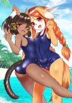  1girl brown_eyes brown_hair cat dog furry long_hair red_hair school_swimsuit solo swimsuit whity_paria 