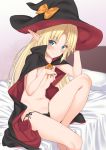  bangs black_panties blonde_hair blue_eyes blush bow breasts cape closed_mouth commentary_request covering covering_breasts elf eyebrows_visible_through_hair halloween hat hat_bow heart heart-shaped_pupils highres indoors iris_(takunomi) long_hair looking_at_viewer navel on_bed original panties pointy_ears side-tie_panties sitting small_breasts smile solo symbol-shaped_pupils takunomi topless underwear underwear_only witch_hat 