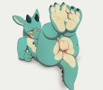  2018 3_toes 4_fingers anthro anus backsack balls big_butt blush butt cewljoke claws countershading cute_fangs feet half-closed_eyes horn kobold lying male nude on_back penis presenting scalie simple_background smile solo toes white_background 