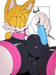  2018 anthro argento blue_eyes blush bulge canine clothed clothing crossdressing digital_media_(artwork) fox hi_res male mammal miles_prower rouge_the_bat sex_toy solo sonic_(series) vibrator 